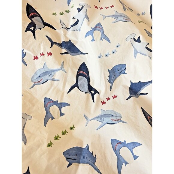 POTTERY BARN KIDS Full Sz FITTED Sheet Mini Shark 100% Organic Cotton Fish Ocean - Picture 1 of 11